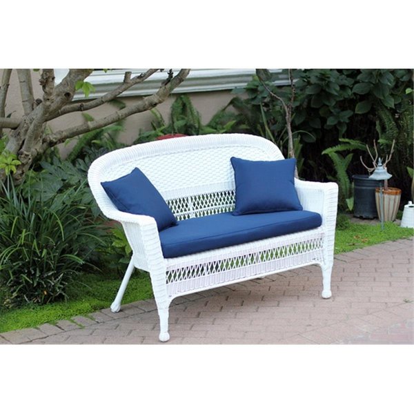 Propation White Wicker Patio Love Seat With Blue Cushion And Pillows PR2419504